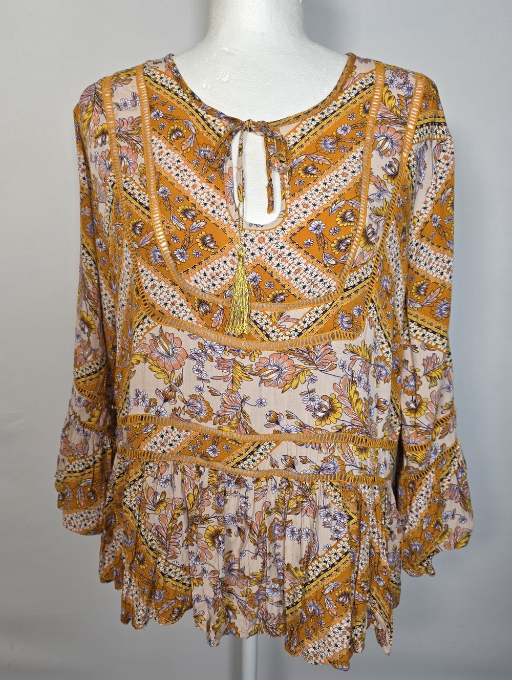 Boho Floral Peasant Top Mustard Bell Sleeve Tassel Blouse M Free People Style